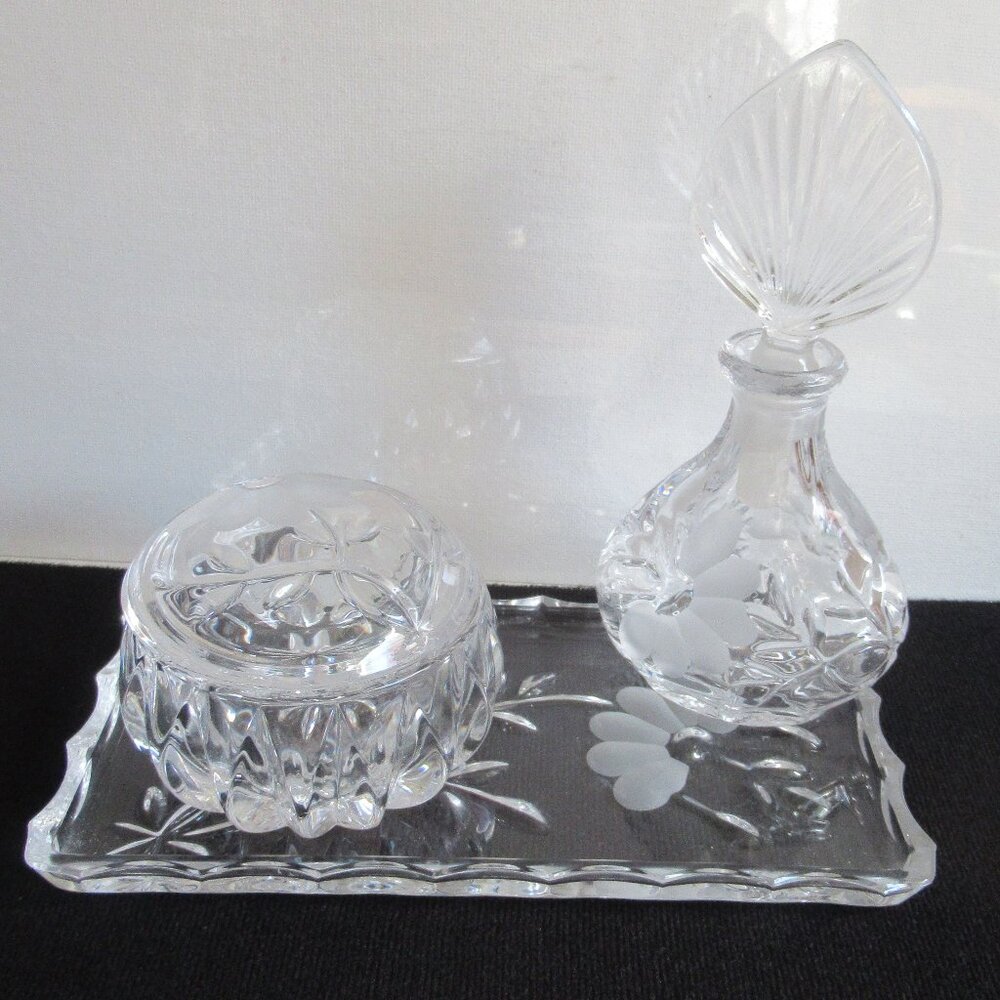 Vanity Set, Perfume decanter, Tray, Trinket box w/ lid, Heritage design, Vintage